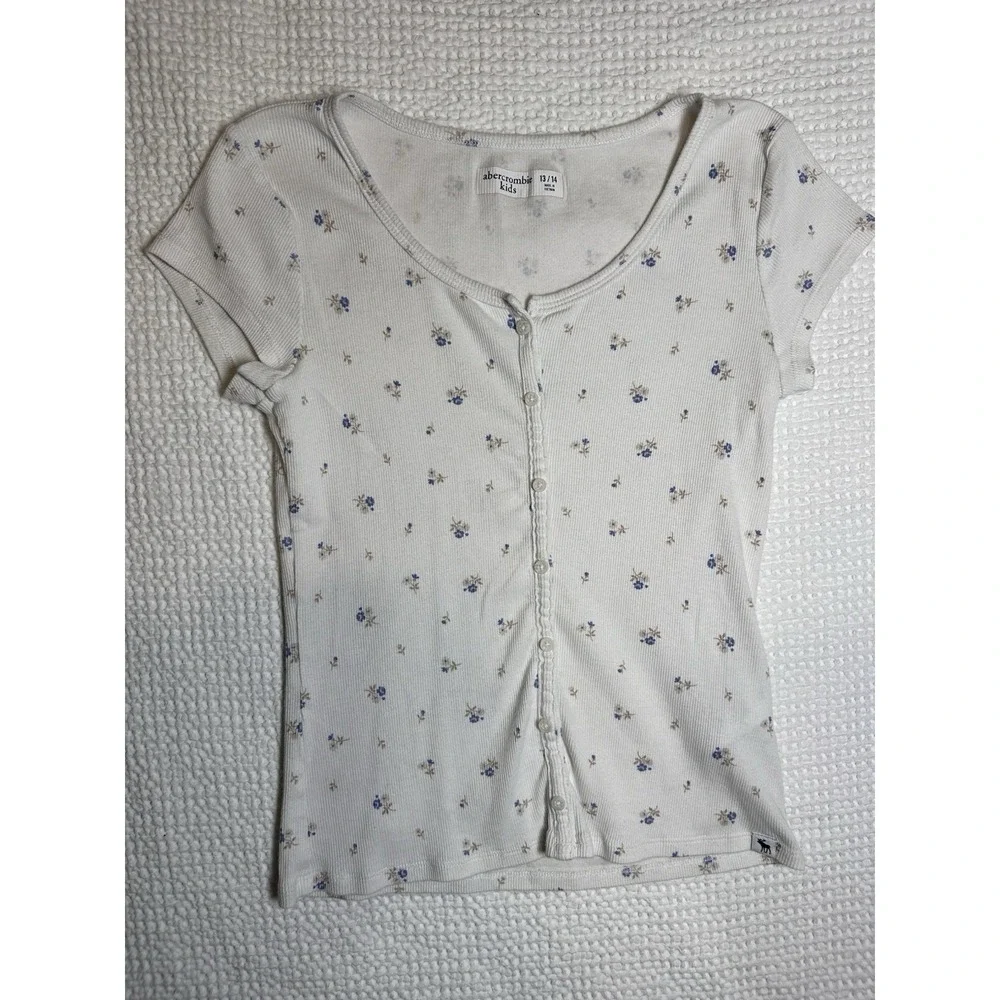 Abercrombie Kids Floral Ribbed Henley Top Ivory Blue Girls Size 13/14 Stretch